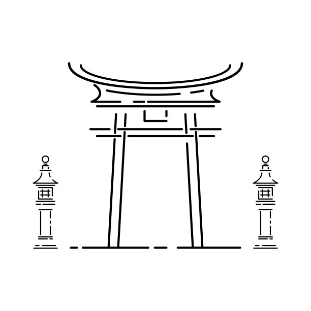 日本地标-寺庙，神社，城堡，宝塔，大门矢量插图简化旅游图标。中国、亚洲山水传统仪式灯笼。线素描。现实元素设计集。图片下载