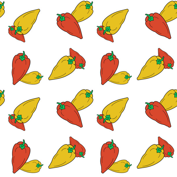 手绘钟红色和黄色辣椒无缝图案在白色的背景。图片下载