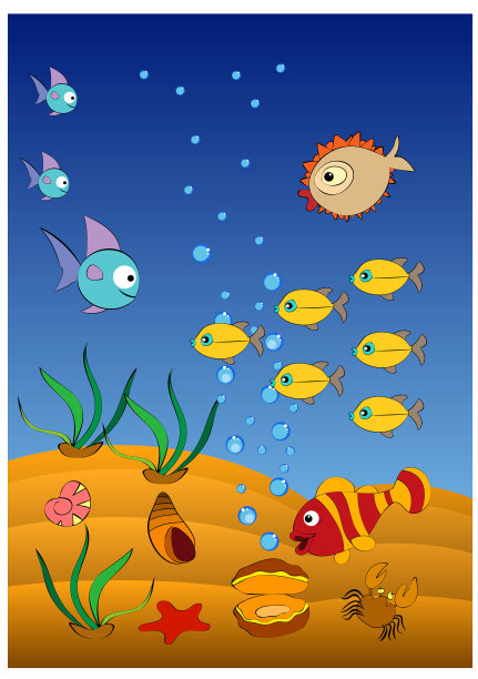 滑稽的小丑鱼和刺猬鱼在蓝色的海里游泳图片下载