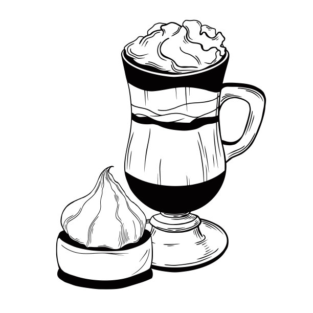 杯子里有饮料和蛋糕。甜点孤立在白色的背景。向量图片下载