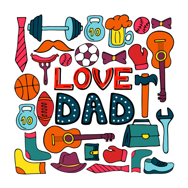 爱爸爸节日横幅涂鸦风格。男士的生活方式、运动器材、服装及配饰。图片下载