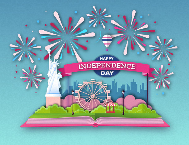 打开童话书与城市景观和节日烟花。Inependence一天。剪纸艺术风格设计图片下载