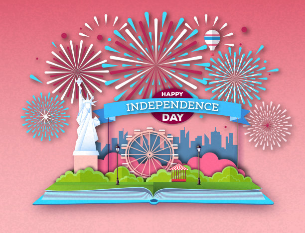 打开童话书与城市景观和节日烟花。Inependence一天。剪纸艺术风格设计图片下载