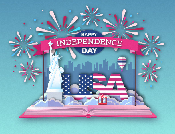 打开童话书与城市景观和节日烟花。Inependence一天。剪纸艺术风格设计图片下载