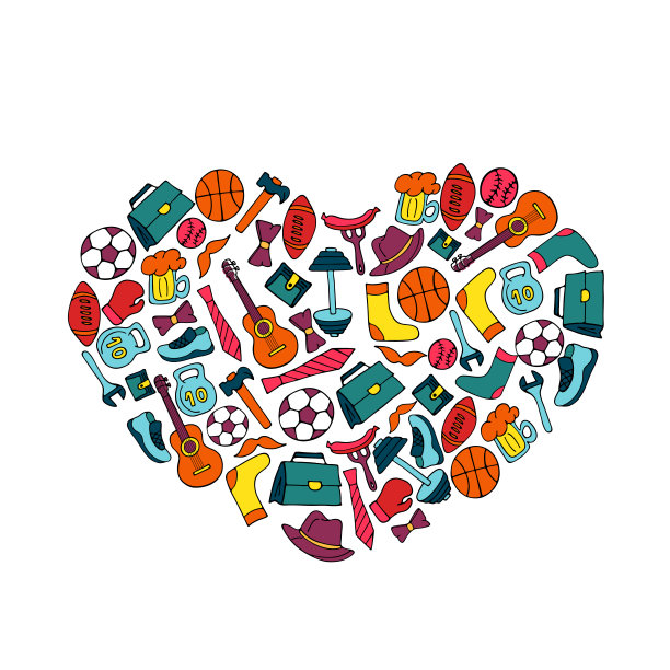 父亲节的节日横幅在一个心形的涂鸦风格。男士的生活方式、运动器材、服装及配饰。图片下载