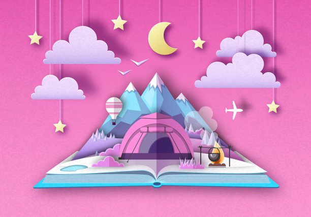 打开童话书与山脉景观和露营。剪纸艺术风格设计图片下载