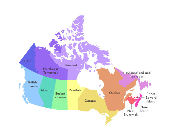 加拿大简化行政地图矢量孤立插图。地区的边界和名称。多彩色剪影图片下载