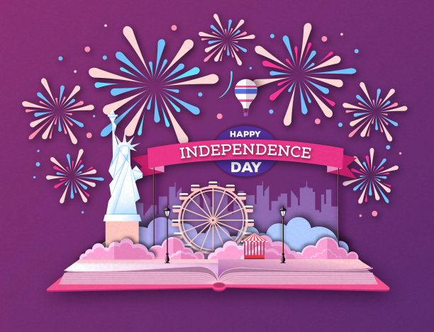 打开童话书与城市景观和节日烟花。Inependence一天。剪纸艺术风格设计图片下载