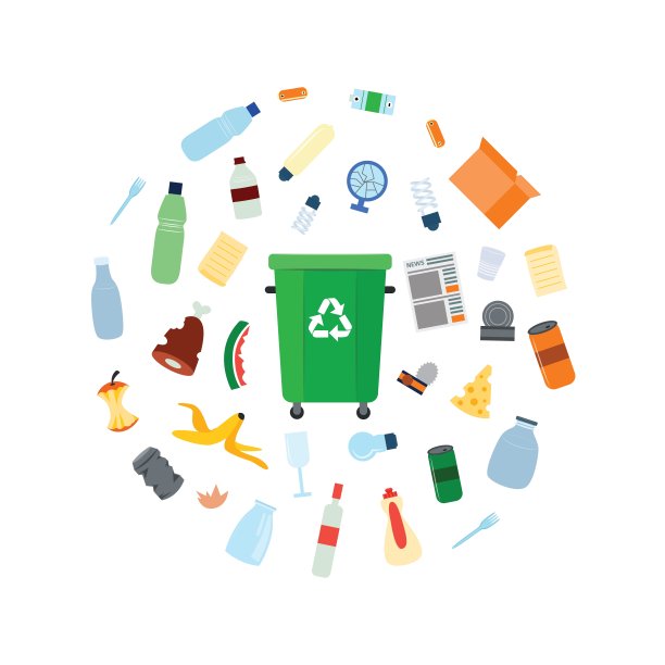 绿色垃圾桶与回收标志包围不同类型的垃圾。图片下载
