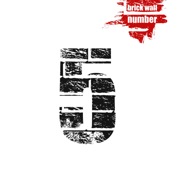 5 .涂鸦垃圾风格的砖墙纹理。砖石黑色数字五在白色背景。块状结构构造字体。矢量工业插图与红色邮票和类型图片下载