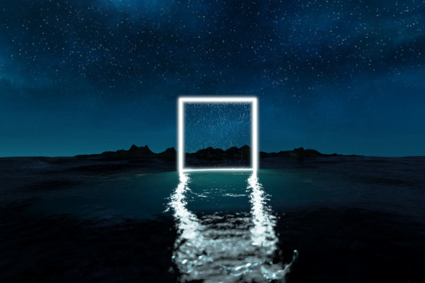 蓝色减轻的方形形状在夜间的水三维渲染图片下载