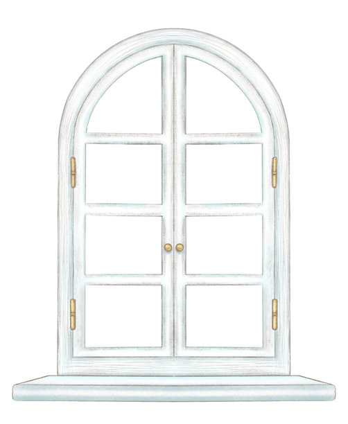 铅笔画和水彩画，白色拱形窗，青铜配件和窗台素材图片