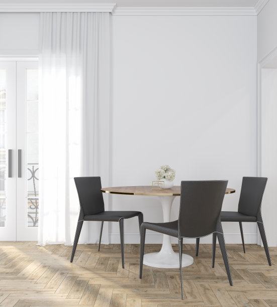 经典的白色室内空间配有餐桌、椅子、窗帘、木地板和鲜花。3 d渲染插图。图片下载
