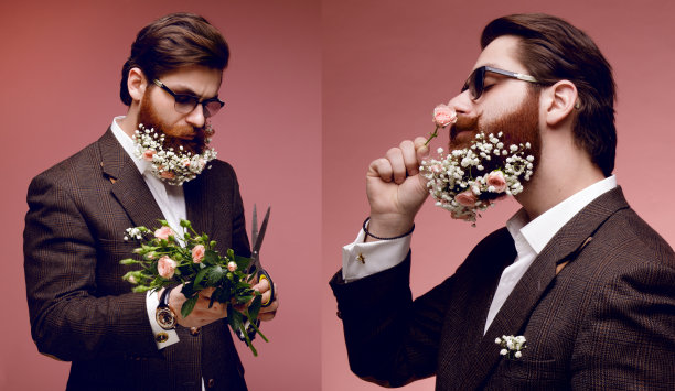 这是一幅拼贴画，画中是一位戴着墨镜、穿着服装的大胡子男士，胡须上点缀着鲜花，孤立在粉红色的背景上。图片下载