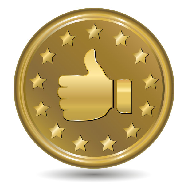 圆形的金色图标，带有赞赏和星星的手势。拇指。像图标。图片下载