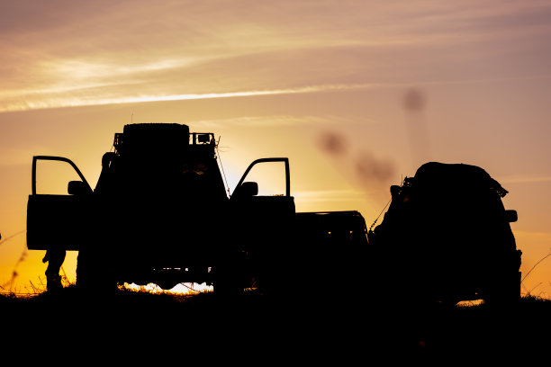 汽车越野旅游。野地里的越野车映衬着夜空图片下载