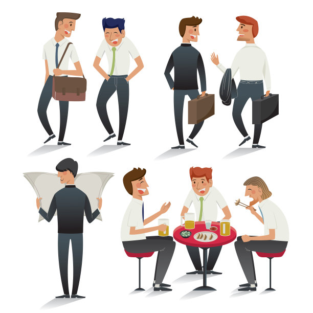 矢量插图集快乐的商人。一个办公室职员在各种姿势和情况下的性格收集图片下载