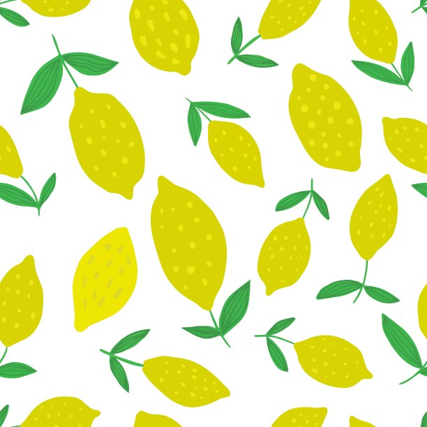 手绘柠檬无缝图案与树叶。图片下载