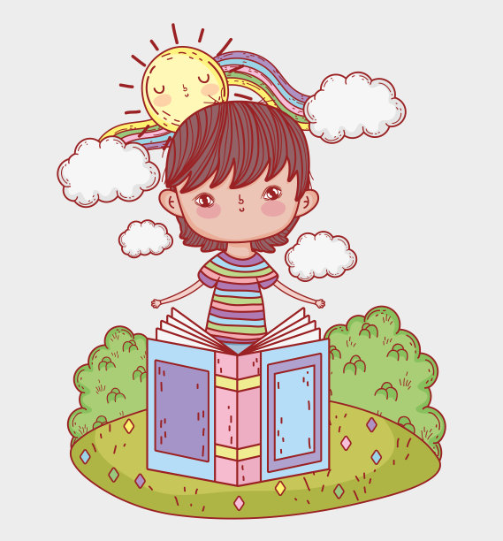 男孩在阳光和彩虹的照耀下读书图片下载