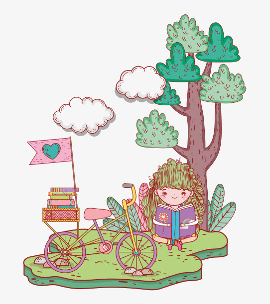 女孩用自行车和树看书图片下载