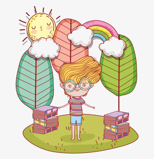 男孩和树和云一起读书图片下载