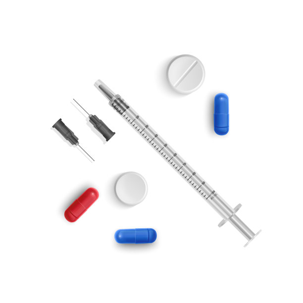 胰岛素注射器0.5 ml。医用片剂、胶囊注射器。插图的医疗注射器与针在现实主义风格。前视图。图片下载