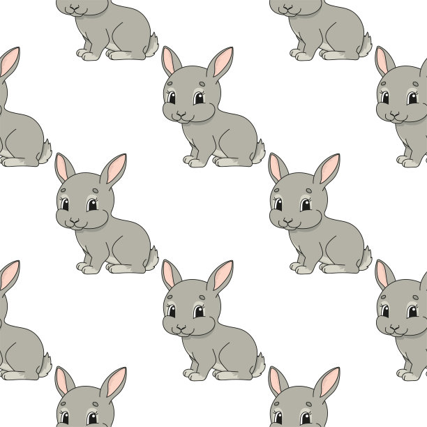 快乐的兔子。彩色无缝图案，可爱的卡通人物。简单的平面矢量插图孤立在白色背景。设计墙纸，织物，包装纸，封面，网站。图片下载