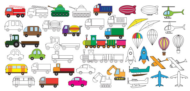 交通工具。一组汽车图标。彩色的书。矢量插图。图片下载