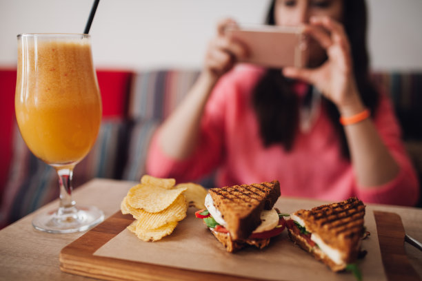 用智能手机拍早餐照片的女人图片下载