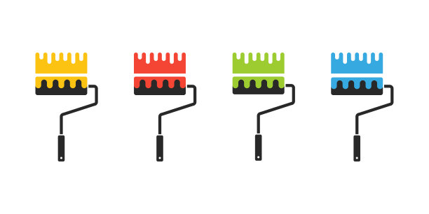 彩色漆辊多色刷。彩色工具孤立在白色背景上。图片下载