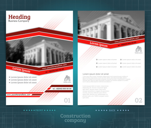 双面宣传册或传单模板设计与建筑物模糊黑白照片元素。模型封面在红色向量现代风格图片下载
