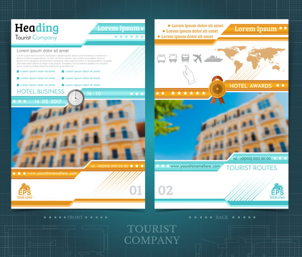 双面宣传册或flayer模板设计与外部模糊的彩色照片元素。模型封面在蓝色和橙色向量现代风格图片下载