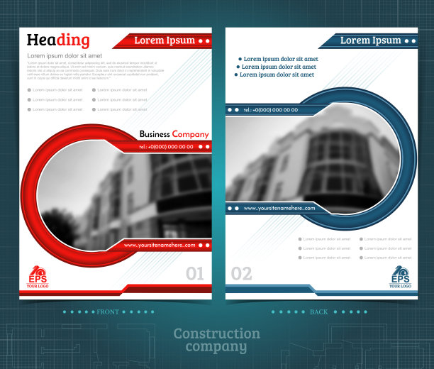 双面宣传册或flayer模板设计与外部模糊的黑白照片元素。模型封面在蓝红向量现代风格图片下载