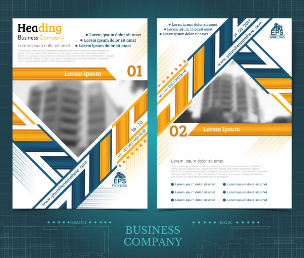 双面宣传册或flayer模板设计与建筑物模糊照片。模型封面在蓝色和黄色向量现代风格图片下载