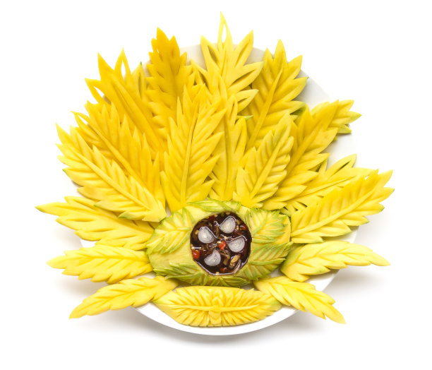 芒果甜鱼酱辣泰国风格和新鲜芒果渴望蘸碗和叶顶视图孤立在白色的背景图片下载