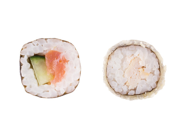 经典的白色背景寿司。日本海鲜寿司，卷一白底。特写镜头。图片下载