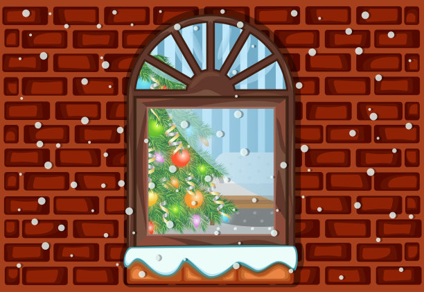 窗户和圣诞树与墙背景圣诞快乐和新年快乐图片下载