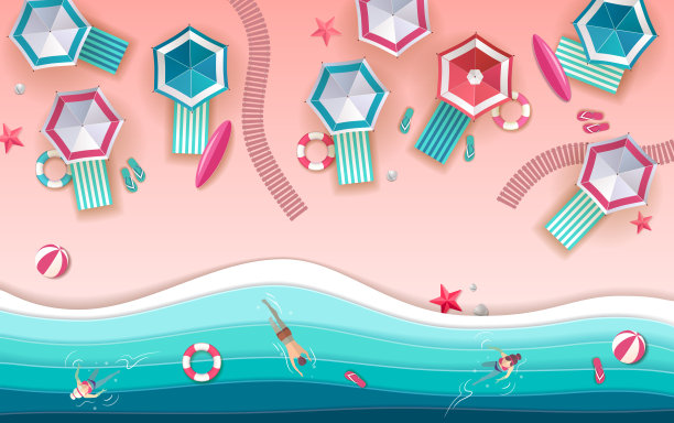 顶视图热带夏季海滩与海洋背景。剪纸艺术设计图片下载