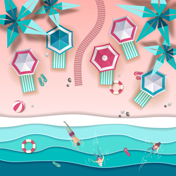 顶视图热带夏季海滩与海洋背景。剪纸艺术设计图片下载