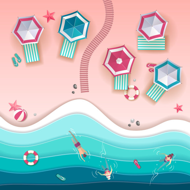 顶视图热带夏季海滩与海洋背景。剪纸艺术设计图片下载