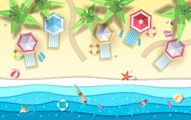 顶视图热带夏季海滩与海洋背景。剪纸艺术设计图片下载