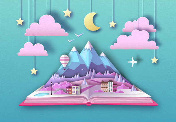 用乡村山景翻开童话书。剪纸艺术风格设计图片下载