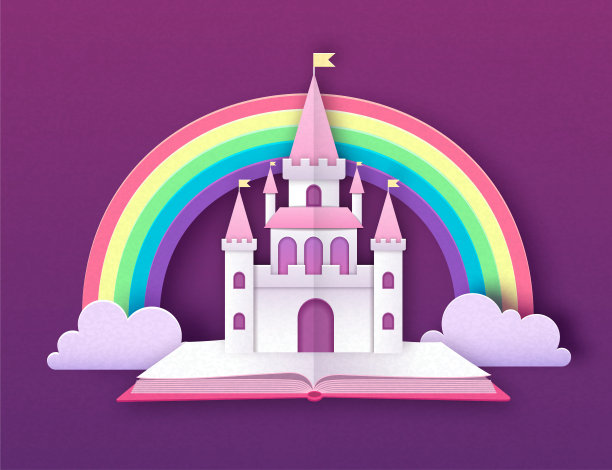 打开童话书与城堡与云彩，星星和月亮。剪纸艺术风格设计。折纸图片下载