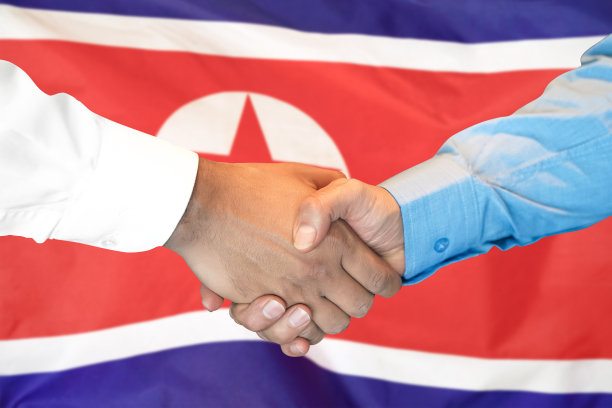 朝鲜国旗背景上的握手图片下载