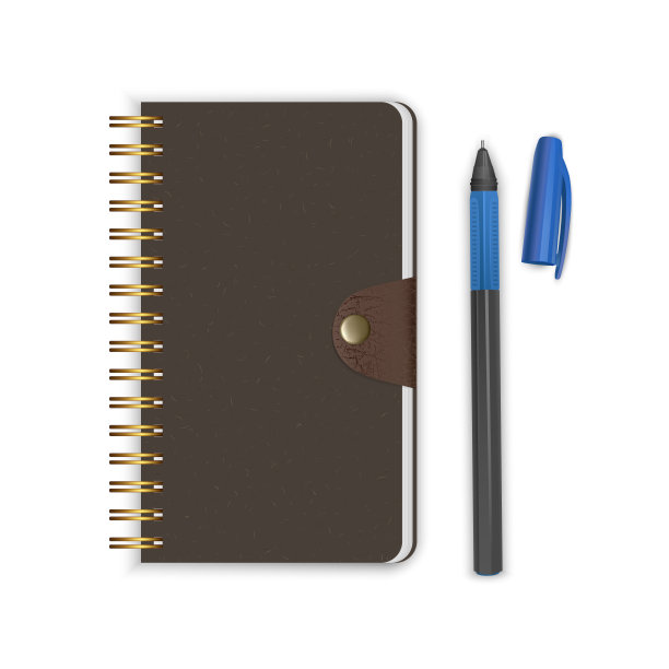 螺旋装订笔记本或记事本和笔隔离在白色背景，封闭素描本或日记。矢量EPS 10插图图片下载