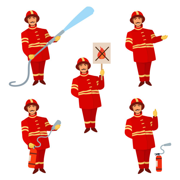 一套消防员卡通人物带灭火器，消防水龙带。图片下载