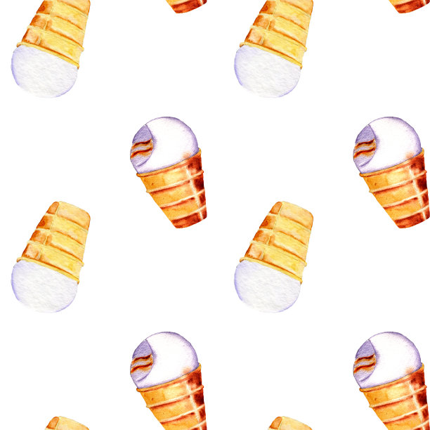 无缝图案冰淇淋水彩夏季套装。手绘水彩咬冰淇淋在华夫饼杯与一层浆果果酱孤立在白色的背景图片下载