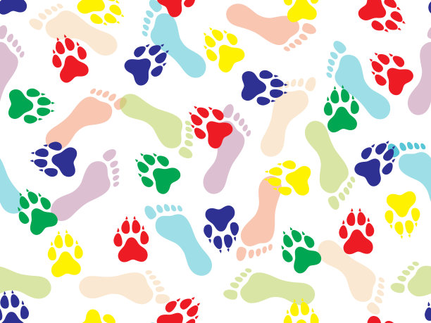 彩色无缝图案的光脚和动物印在白色的背景。矢量图图片下载