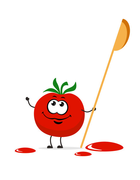 有趣的西红柿，手里拿着勺子，滴着番茄汁。白色背景上的矢量插图。图片下载
