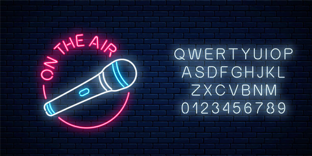 霓虹灯上的空气标志与麦克风在圆形框架与字母。夜总会与现场音乐图标。图片下载